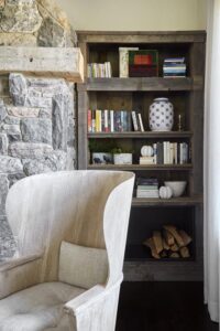 Wooden cabinet behind the fireplace