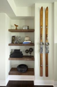 Interior design solution with wooden shelves